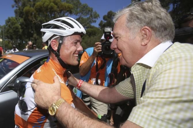 GreenEdge owner and Cycling Australia President Gerry Ryan congratulates Simon Gerrans