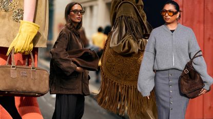 A Future graphic of women carrying brown suede bags at Fashion Week and on the Fall 2024 runways 