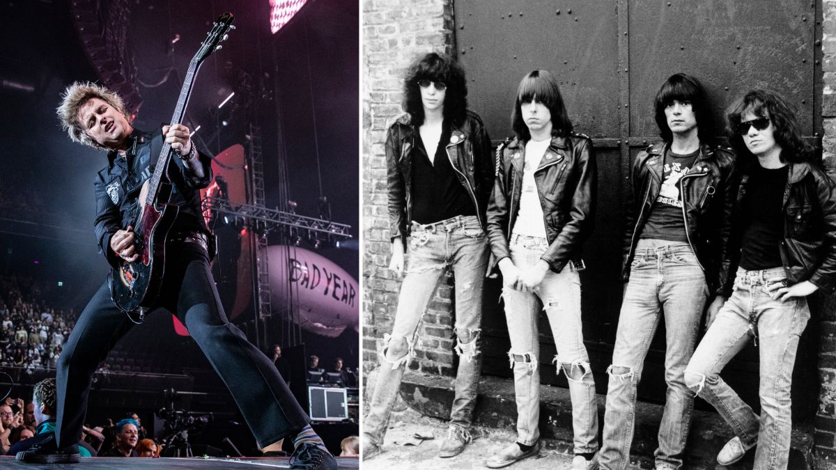 Billie Joe Armstrong performs onstage (left) and the Ramones