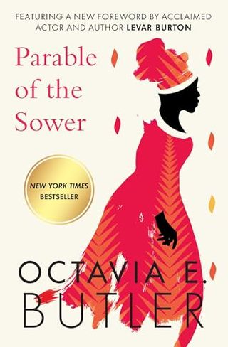 The Parable of the Sower book cover featuring a woman wearing a red dress and head wrap