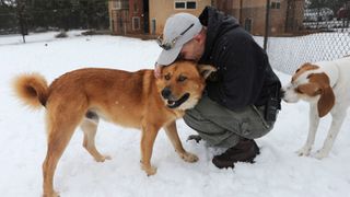 Employee at the Best Friends Animal Society out in the snow with two dogs