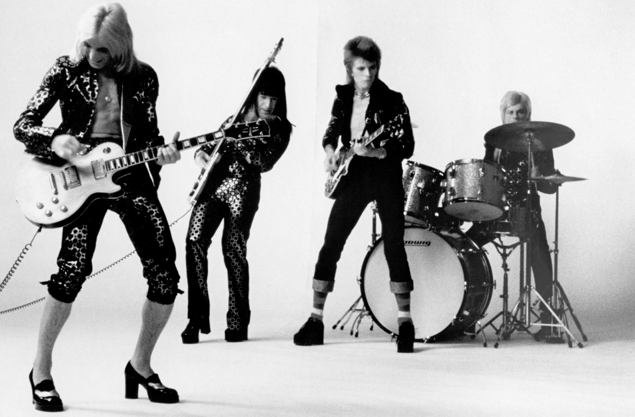 David Bowie and his Spiders from Mars in 1972 [l-r]: Mick Ronson, bassist Trevor Bolder, David Bowie, and drummer Mick Woodmansey