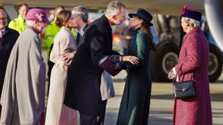 Queen Margrethe II of Denmark looks on as Queen Letizia of Spain, Crown Prince Frederik of Denmark, King Felipe of Spain and Crown Princess Mary of Denmark greet each other during a welcoming ceremony