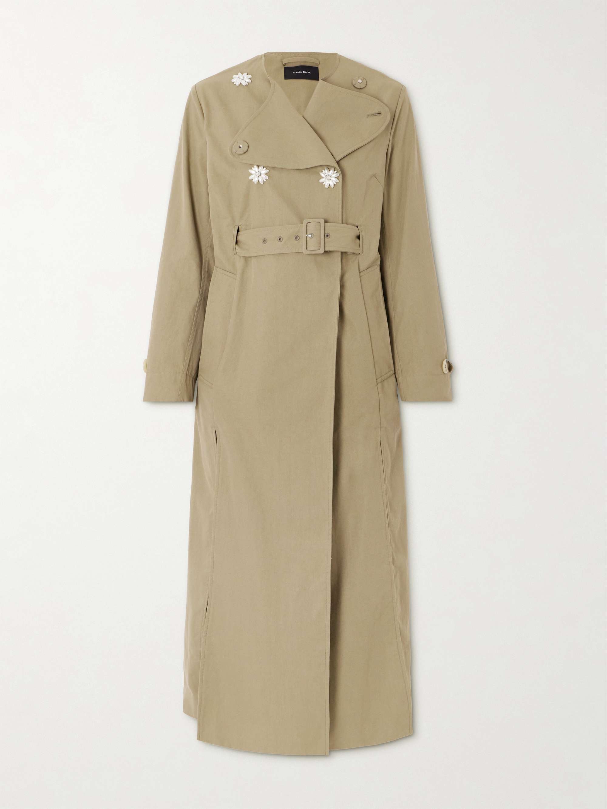 Belted Double-Breasted Embellished Cotton-Blend Canvas Trench Coat