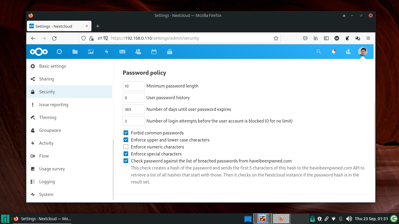 tangkapan layar opsi kebijakan kata sandi antarmuka administrasi Nextcloud