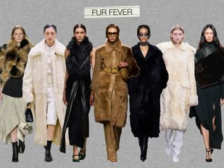 A collage of furry looks from the F/W 24 runways, including images from Louis Vuitton, Jil Sander, Bottega Veneta, Tom Ford, Gucci, Proenza Schouler, and Ferragamo