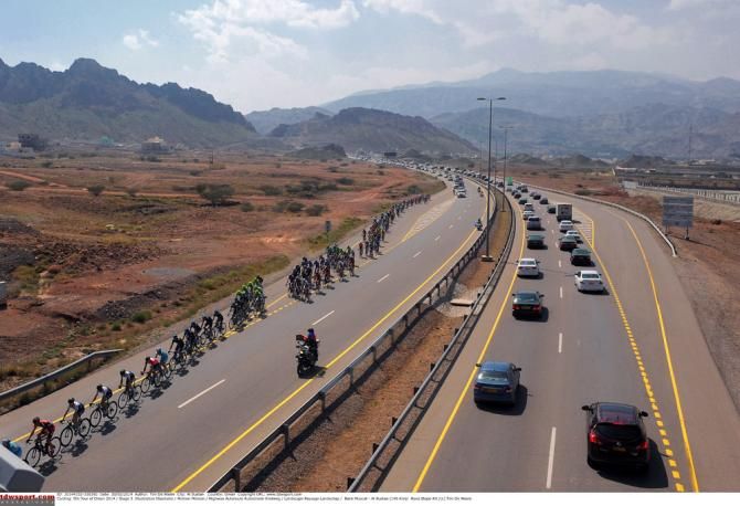 The peloton in action during stage 3 at the Tour of Oman