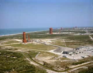 Aerial view of Launch Complex 14 with Missile Row visible to the right. Gordon Cooper's Mercury-Atlas 9 rocket is seen atop LC-14 prior to the launch in 1963.