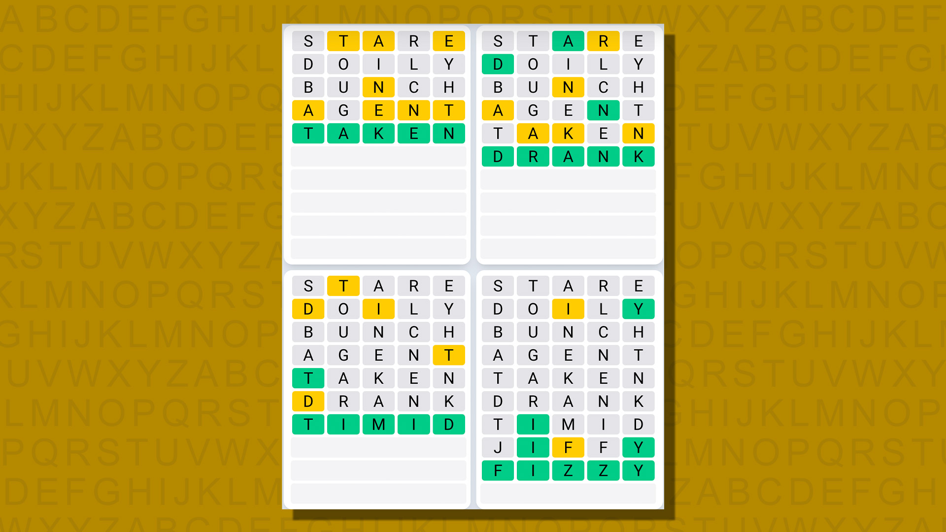 Quordle ежедневная последовательность ответов для игры 816 на желтом фоне