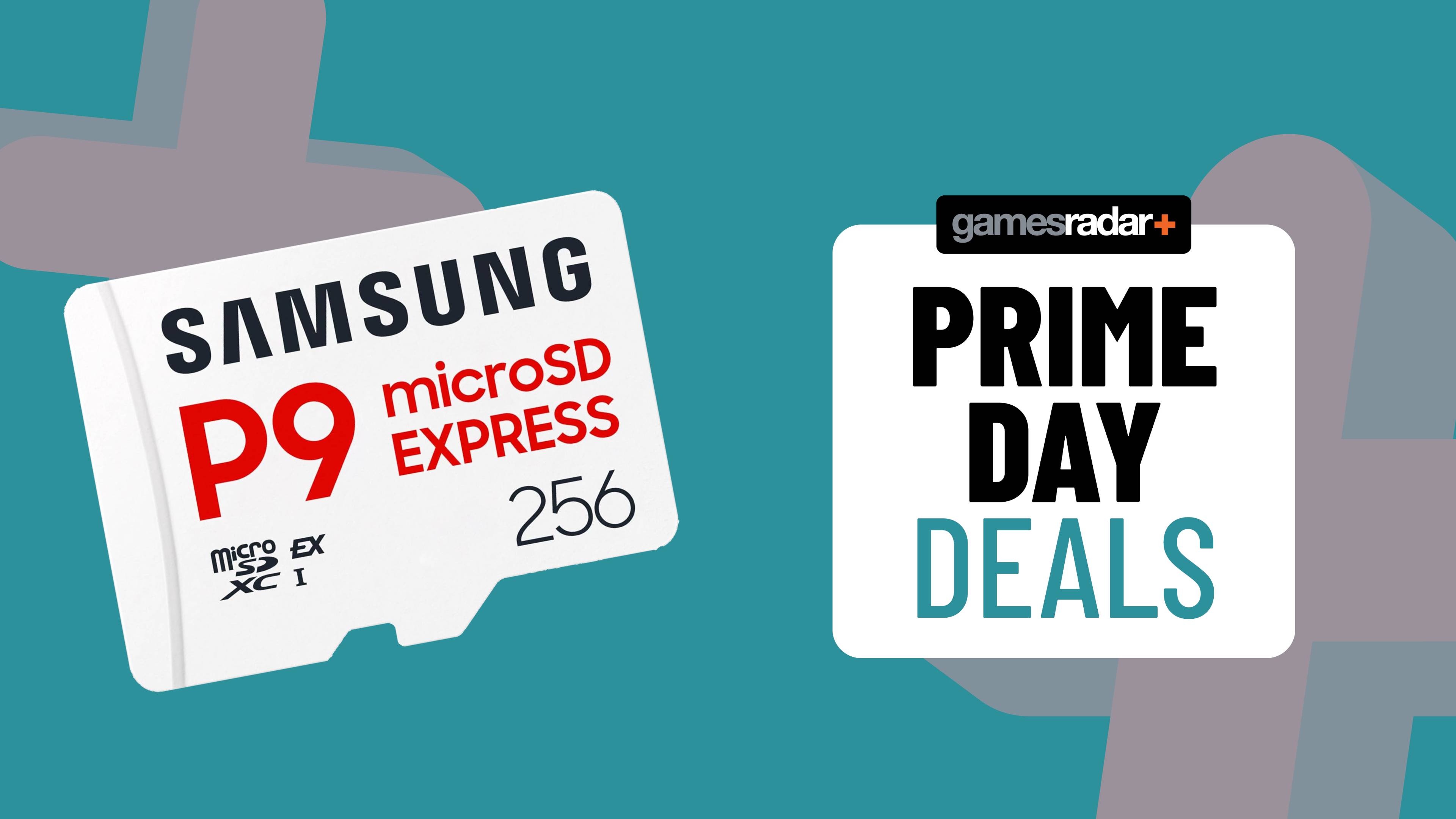 A Samsung P9 microSD Express card, next to a sign saying 'Prime Day deals'.