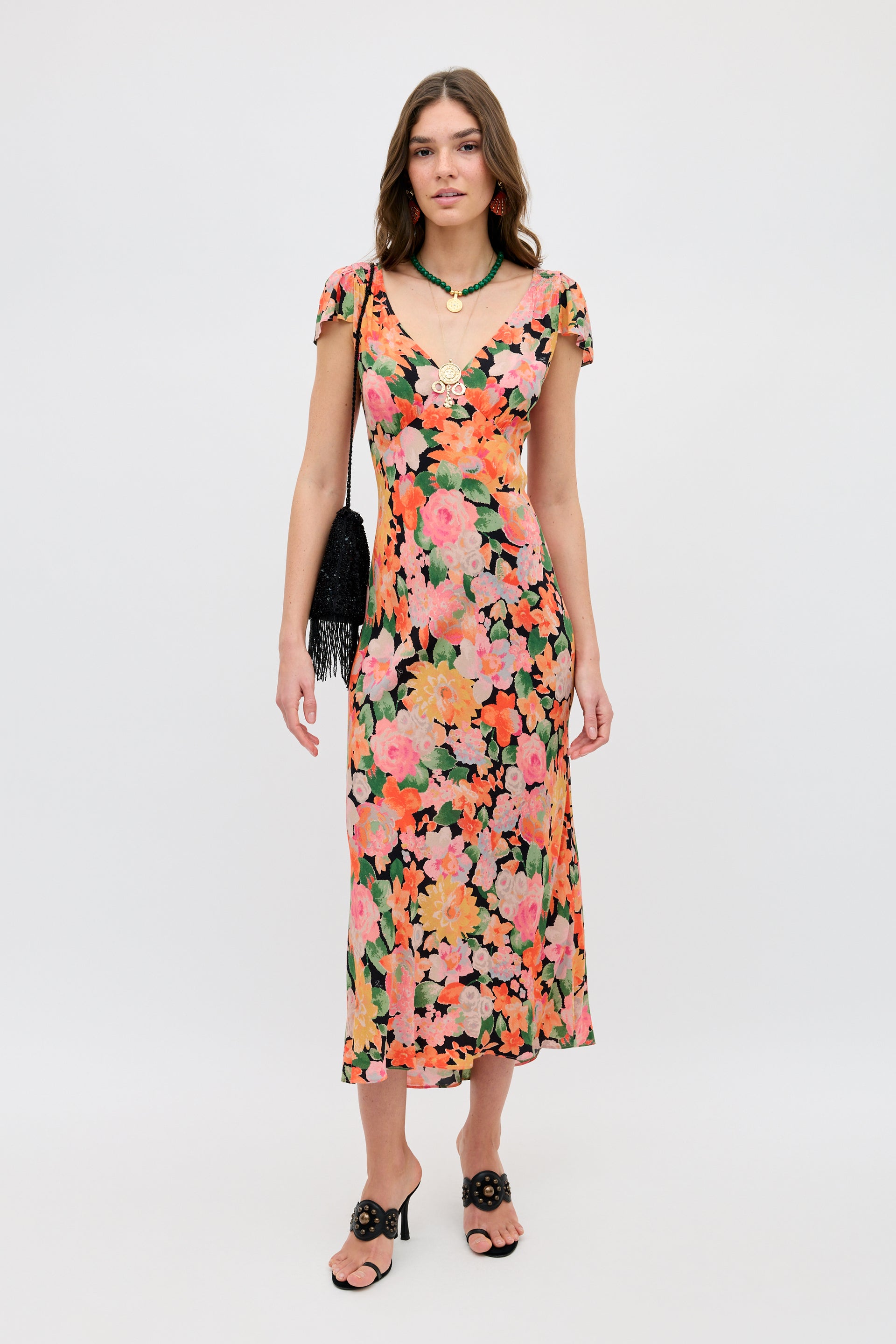 Cathy Midi Dress in Orange Chelsea Floral Black