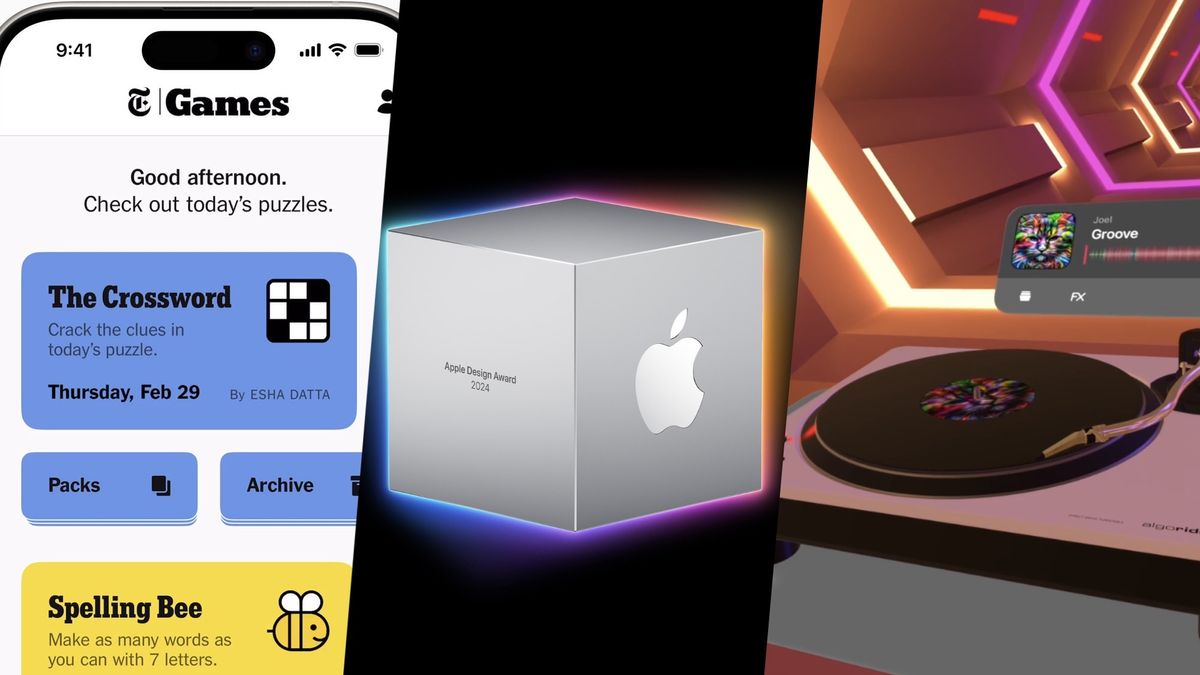 3 split image featuring NYT Games app screenshot, Apple Design Award cube, djay pro screenshot