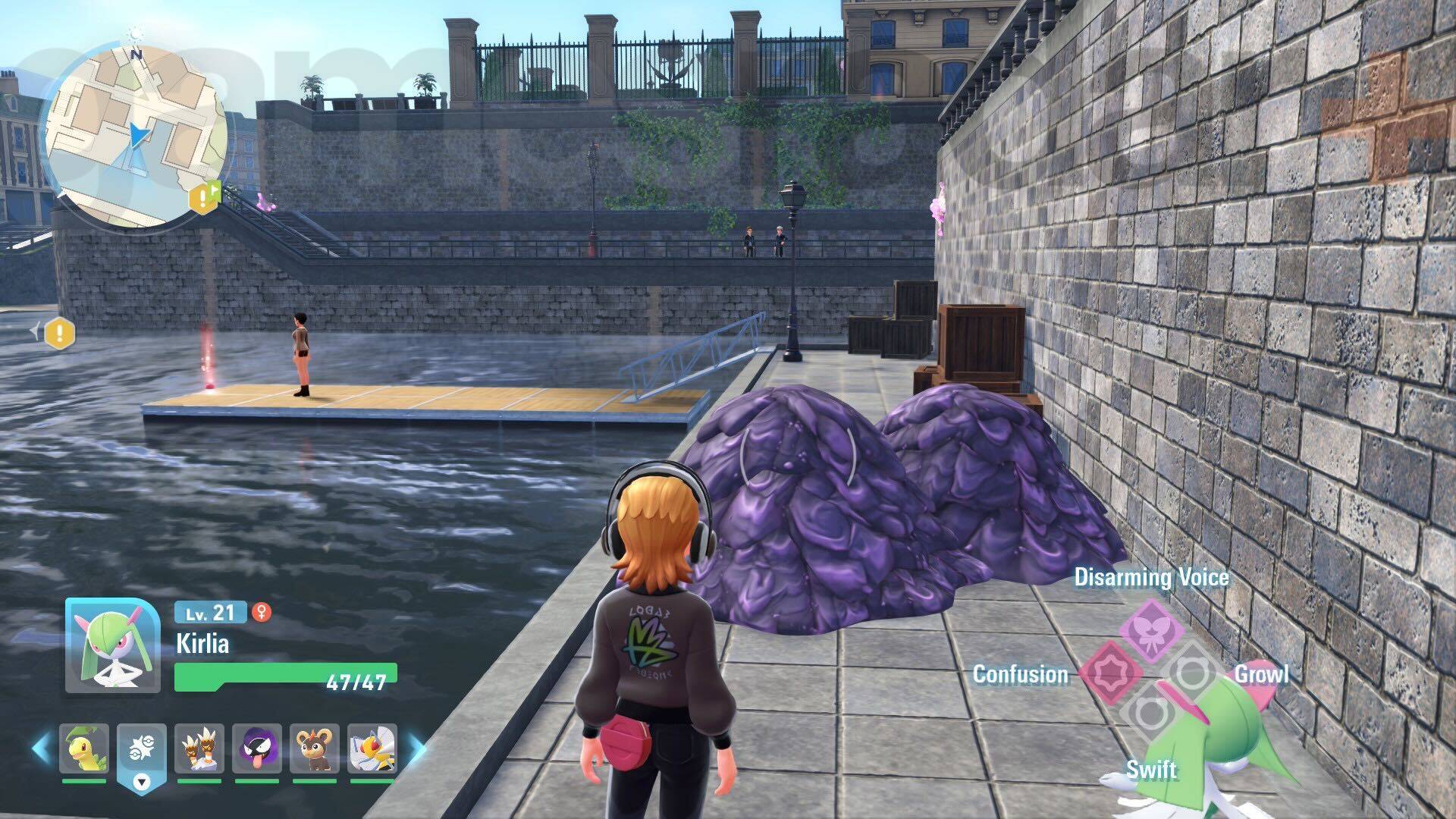 A trainer looking at purple sludge in Pokemon Legends: Z-A.