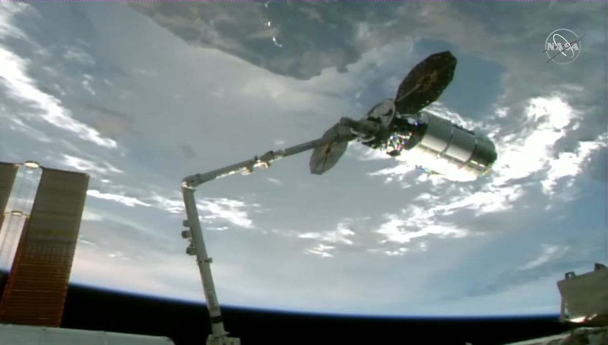 The Northrop Grumman Cygnus NG-16 cargo ship S.S. Ellison Onizuka is captured by a robotic arm as it arrived at the International Space Station on Aug. 12, 2021 to deliver its heaviest NASA load yet.