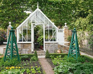 Vegetable garden with greenhouse behind