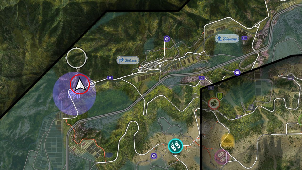 Forza Horizon 6 Barn Finds: A map with a red circle showing the location of the Barn Find within the purple search area.