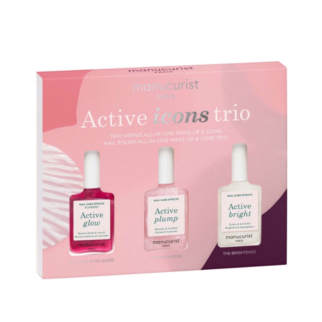 A product shot of the Manucurist Active Icons Trio, which features the Active Glow, Active Plump and Active Bright nail polishes, on a white background