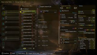 The equipment decoration menu in Monster Hunter Wilds.