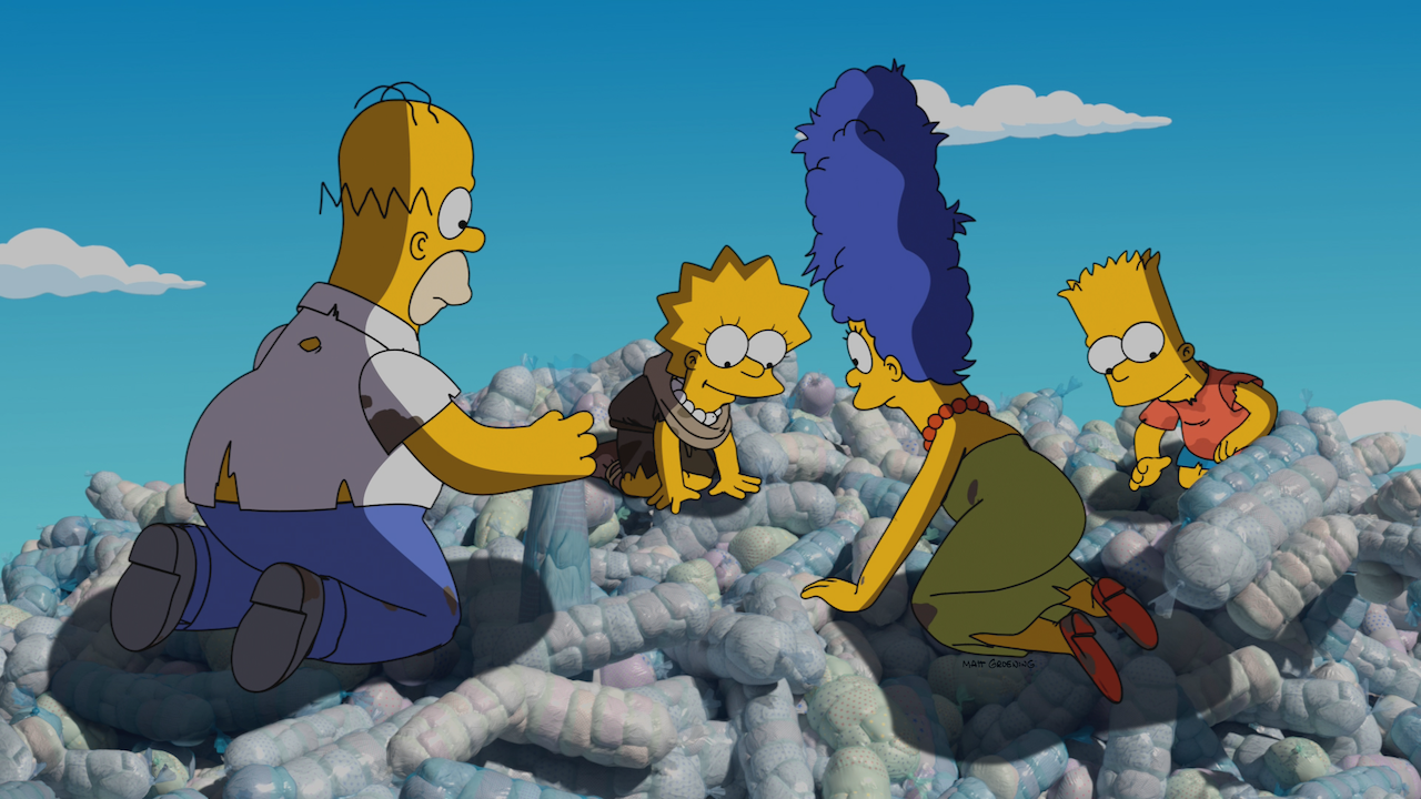 Homer, Marge, Bart and Lisa looking through plastic bottles in The Simpsons Treehouse of Horror XXXVI