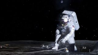 Artist’s concept of an Artemis astronaut deploying an instrument on the lunar surface.