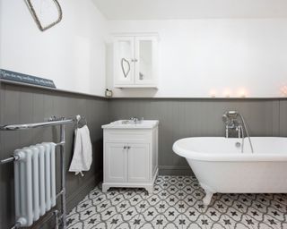 Gray paneled bathroom with shelf running all the way around, pictured on the left is chrome radiator under shelf