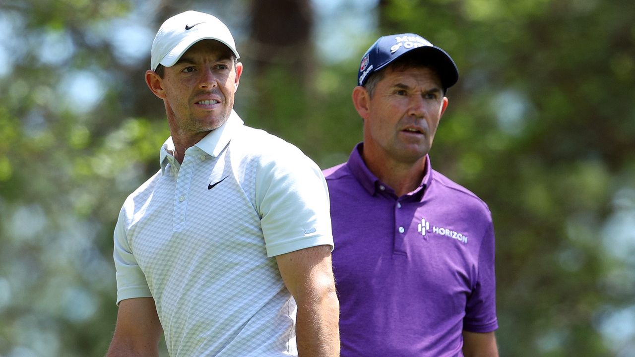 Rory McIlroy take part in a practice round at Augusta National before the 2022 Masters