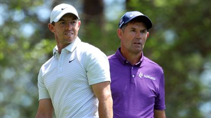 Rory McIlroy take part in a practice round at Augusta National before the 2022 Masters