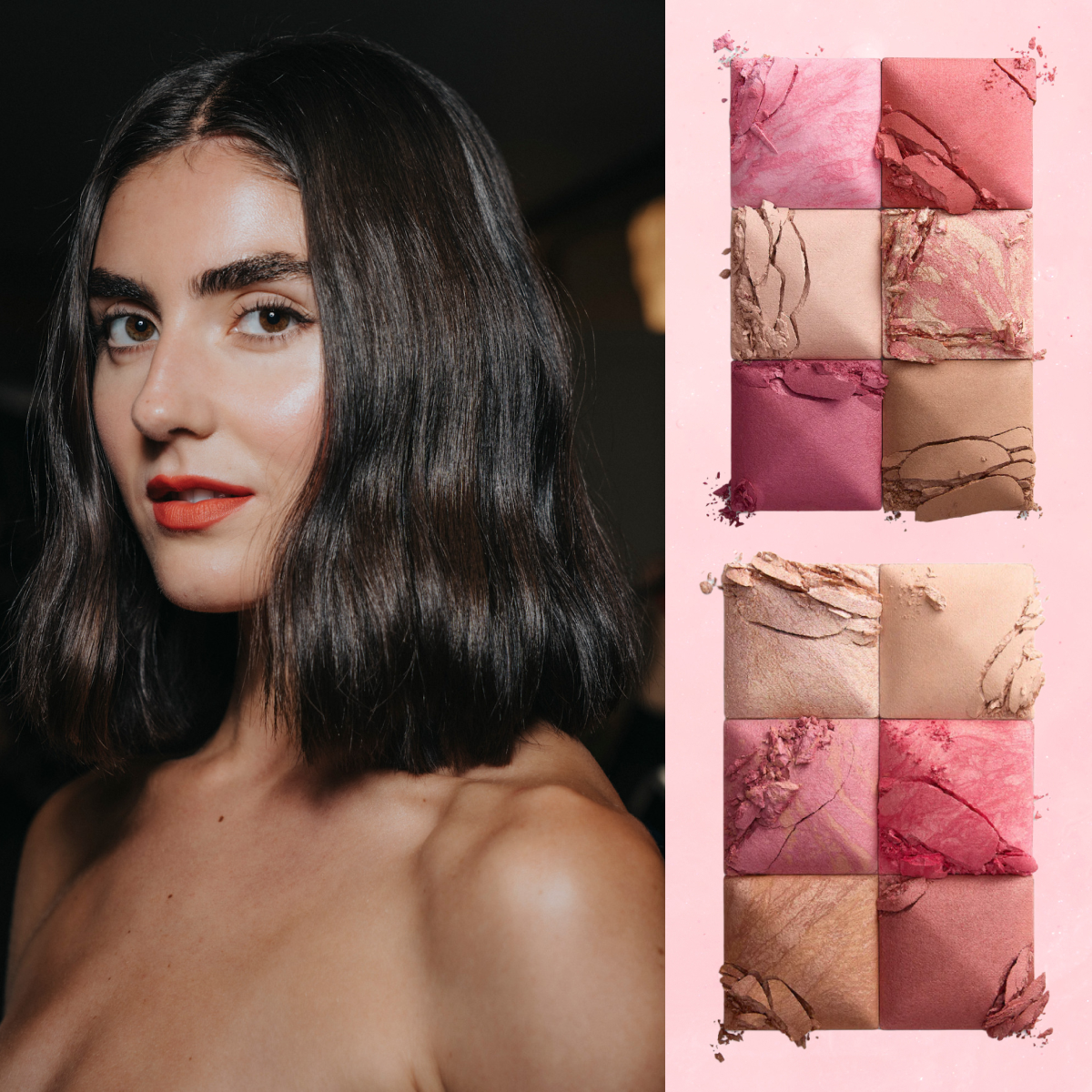 A woman with shoulder length hair wearing red lipstick. She is next to 2 images of 6-pan powders all on a pink packground.