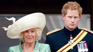 Queen Camilla and Prince Harry stand on the balcony of Buckingham Palace