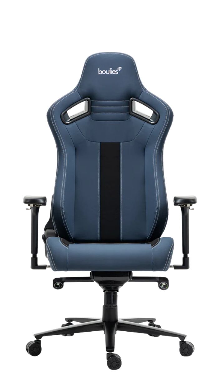 A blue Boulies Elite gaming chair on a plain background