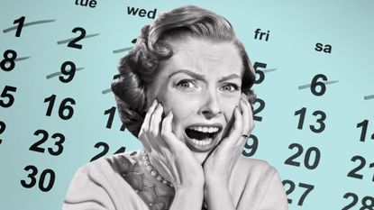 Woman looking terrified set against a calendar backdrop.