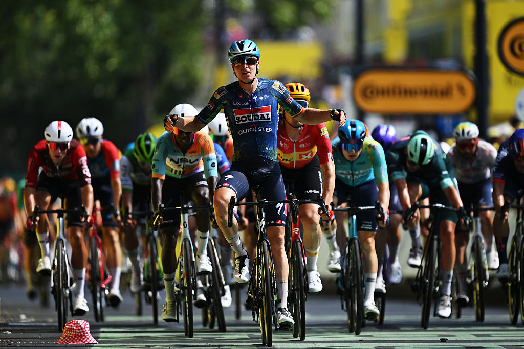 Tim Merlier of Belgium and Team Soudal Quick-Step celebrates at finish line as stage winner during the 113th Tour de France 2026, Stage 7 a 175.1km stage from Hagetmau to Bordeaux