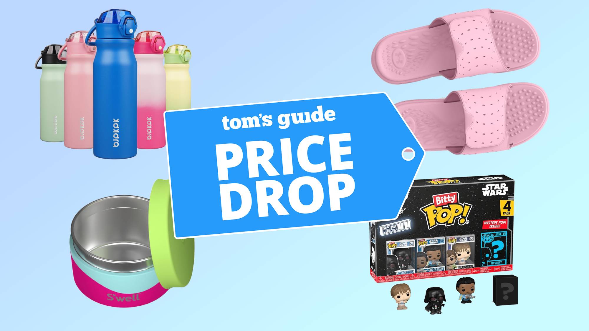 Compilation showing BJPKPK water bottle, S'well food container, Under Armour slide sandals, Funko Bitty Pop Star Wars figures