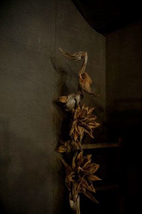 Decor made from wilted plant leaves photographed against a grey wall