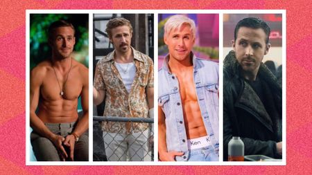 four images of Ryan Gosling in various films, from L-R: Crazy Stupid Love, The Nice Guys, Barbie, and Blade Runner 2049