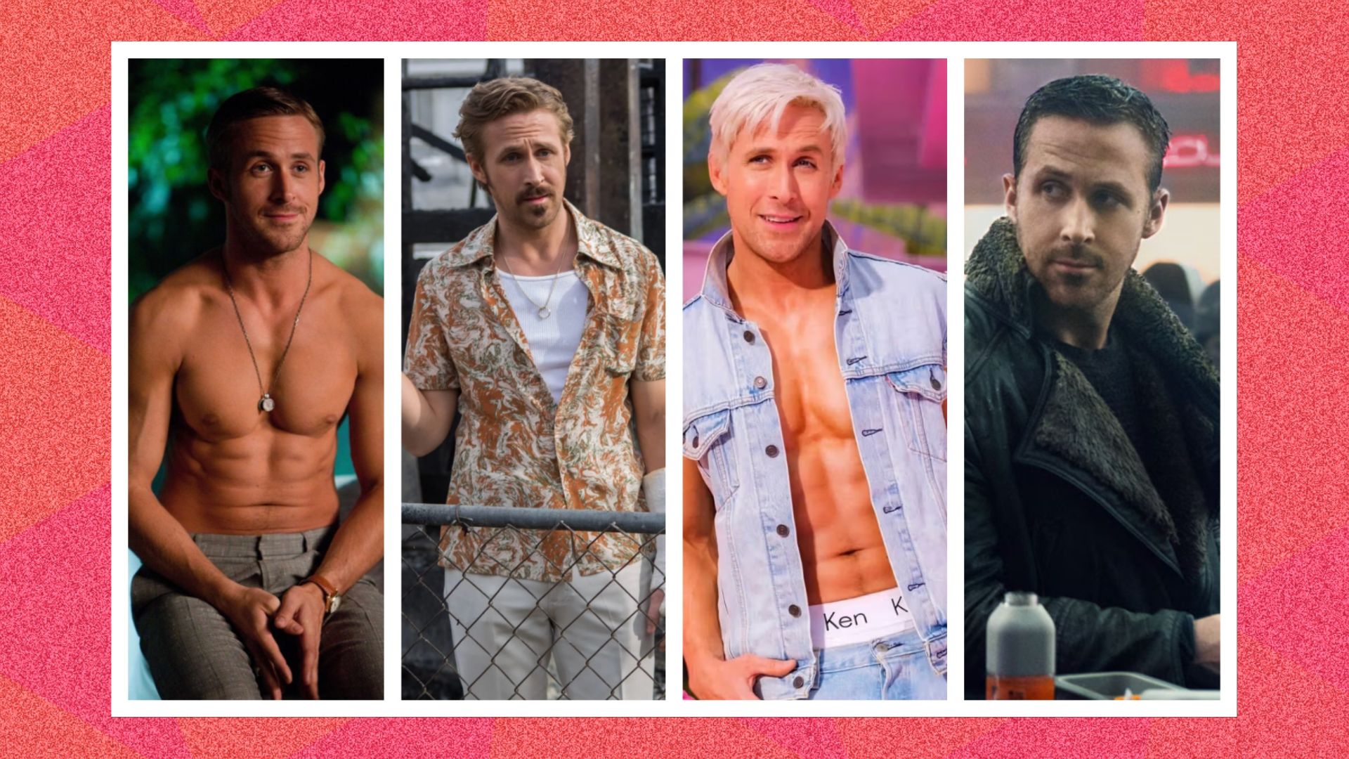 four images of Ryan Gosling in various films, from L-R: Crazy Stupid Love, The Nice Guys, Barbie, and Blade Runner 2049