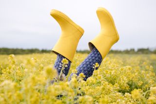 A child has their feet in the air wearing yellow wellies in a mustard field.