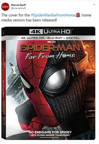 Spider-Man: Far From Home Blu-ray cover and Endgame quote