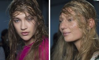 Tom Pecheux's polished, silver-toned make-up was juxtaposed with wet, tangled and dishevelled hair, pulled across the forehead by Paul Hanlon