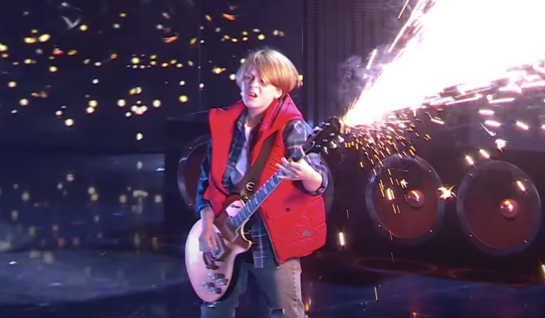 11-year-old Harry Churchill wields an Epiphone Les Paul laden with sparklers on the stage of Britain&#039;s Got Talent