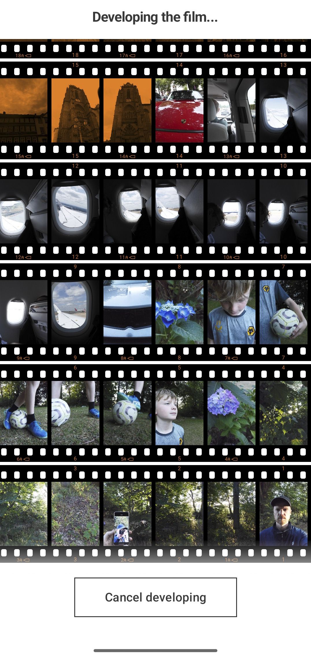 Fujifilm X half app UI, developing film, contact sheet, image gallery