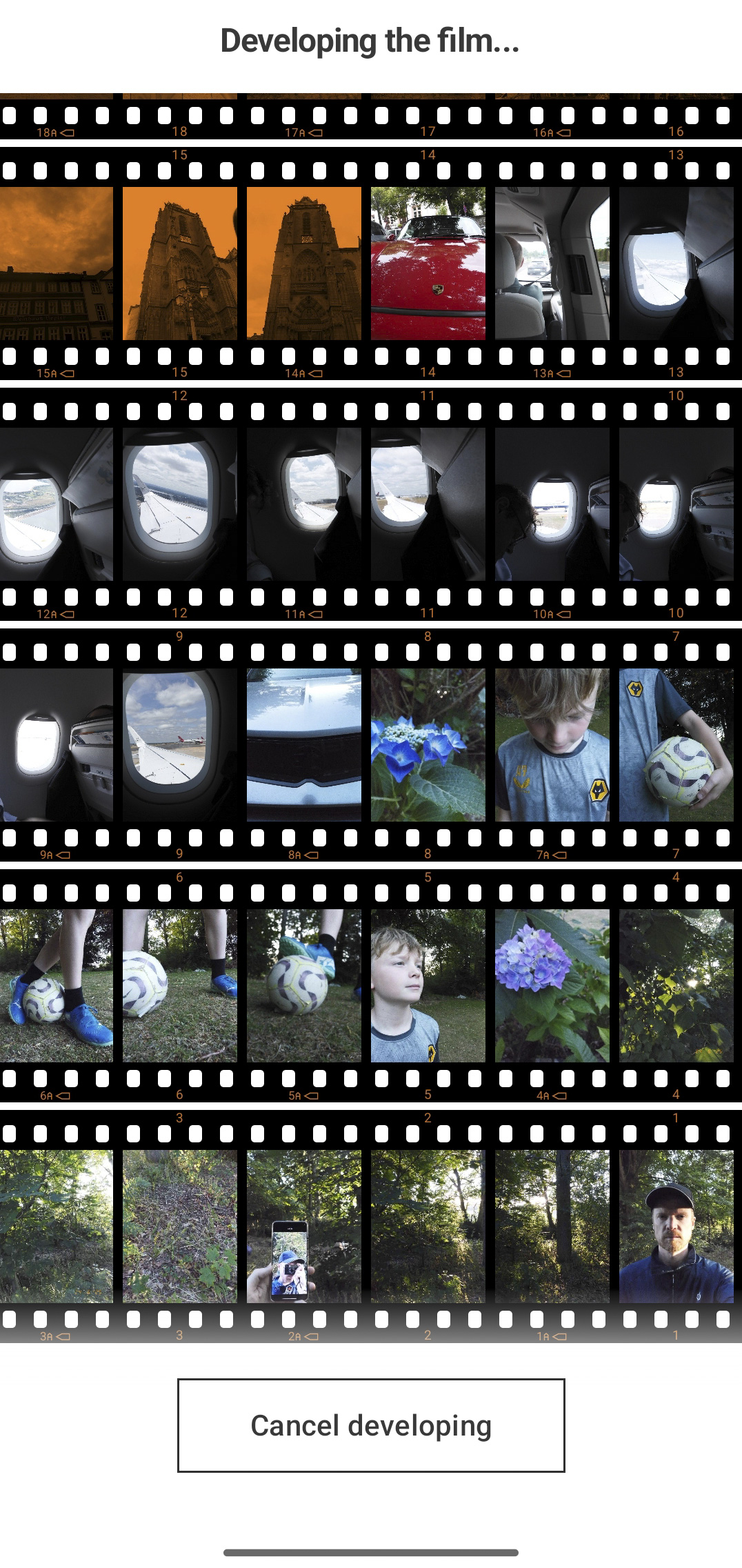 Fujifilm X half app UI, developing film, contact sheet, image gallery