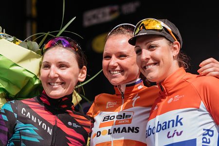 Gent Wevelgem top three: Chantal Blaak (middle), Lisa Brennauer (left), Lucinda Brand (right)- Women's Gent Wevelgem 2016