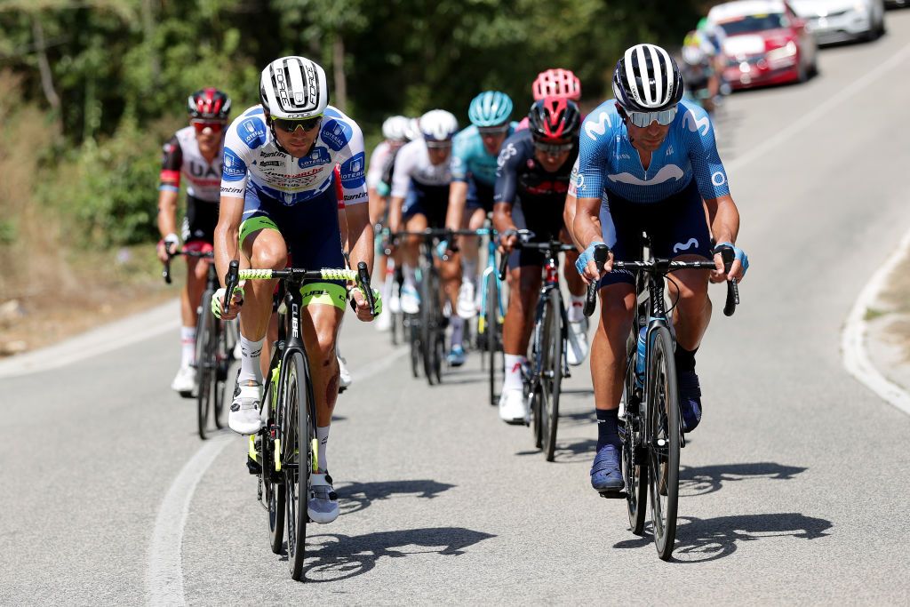 BALCON DE ALICANTE SPAIN AUGUST 20 LR Rein Taarame of Estonia and Team Intermarch Wanty Gobert Matriaux polka dot mountain jersey and Nelson Oliveira of Portugal and Movistar Team compete during the 76th Tour of Spain 2021 Stage 7 a 152km stage from Ganda to Balcn de Alicante lavuelta LaVuelta21 on August 20 2021 in Balcn de Alicante Spain Photo by Gonzalo Arroyo MorenoGetty Images