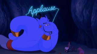 Genie waits for applause in a cave in Aladdin