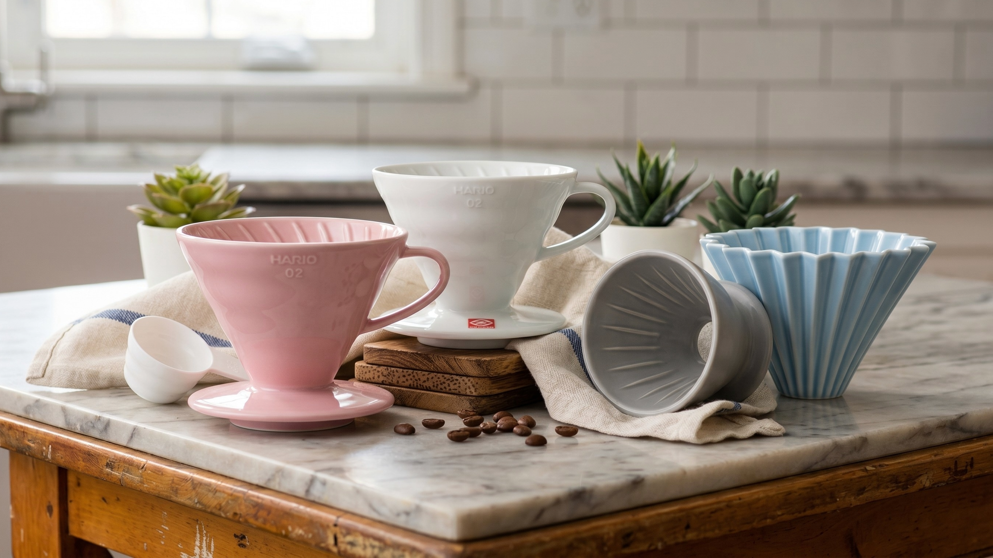 3 coffee drippers on a kitchen worktop to make pour over coffee