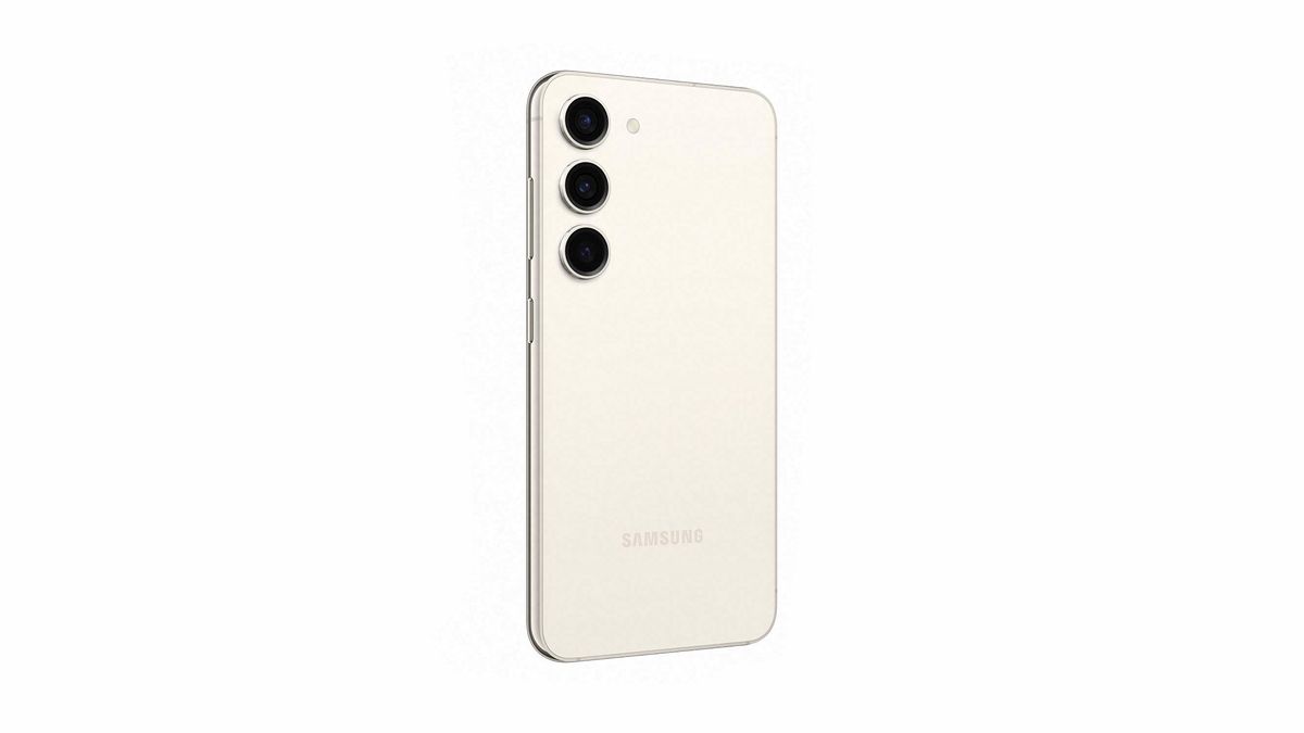 Samsung Galaxy S23 in Cream standing upright on a white background. The rear of the phone is shown