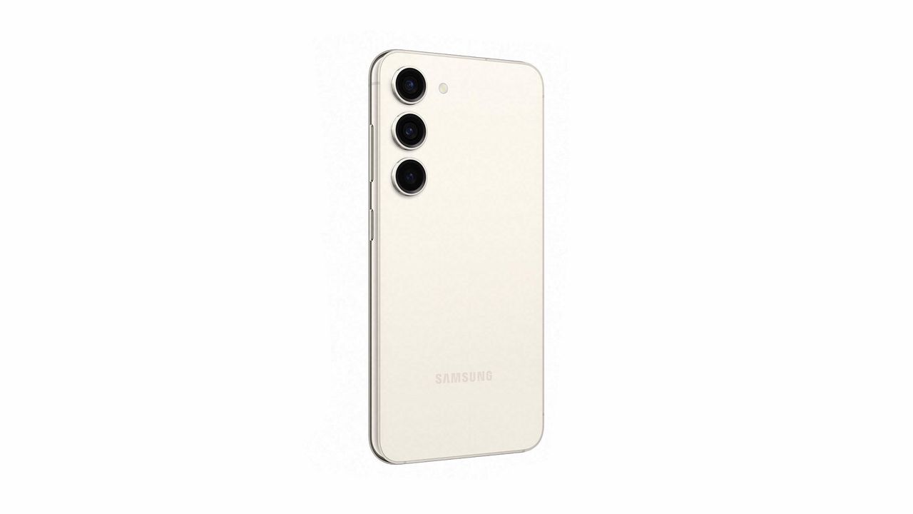 Samsung Galaxy S23 in Cream standing upright on a white background. The rear of the phone is shown