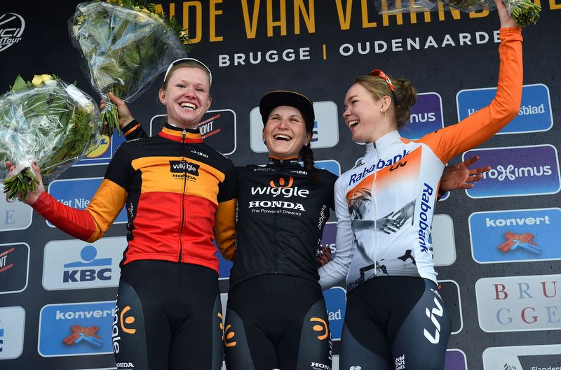 The podium of Jolien D'hoore, Elisa Longo Borghini (Wiggle Honda) and Anna van der Breggen (Rabo Liv)