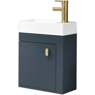 slimline blue wall mounted vanity unit with sink and faucet